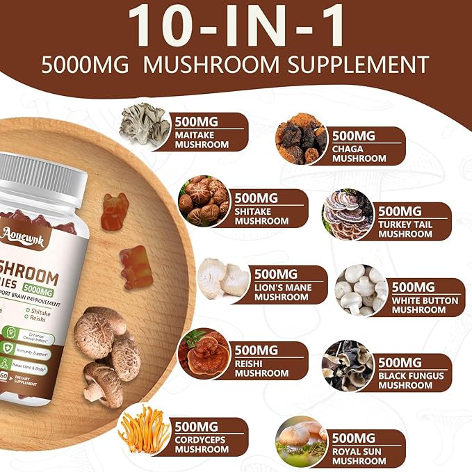 2 Pack 5000MG Mushroom Gummies - 10-in-1 Blend Mushroom Complex Supplement containing Lion's Mane, Immunity, Focus & Energy, Support Adults & Kids, 120 Cts