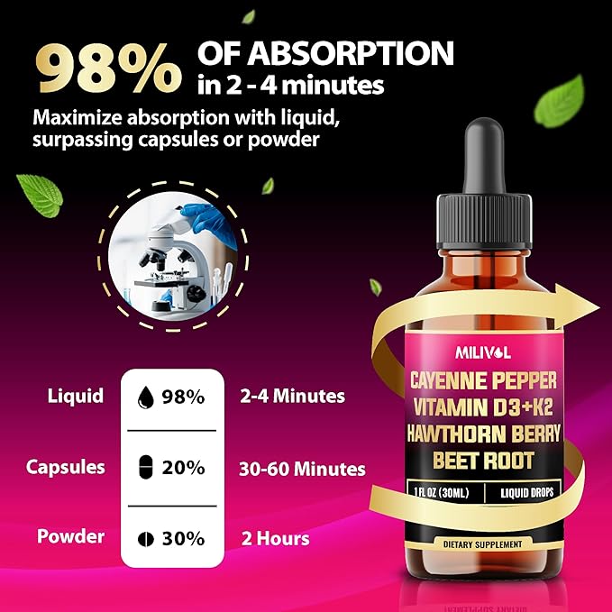 5in1 Cayenne Pepper Liquid Drops with Vitamin D3, Vitamin K2, Hawthorn Berry and Beet Root - Digestion Support - 1 FL Oz - 60 Days Supply