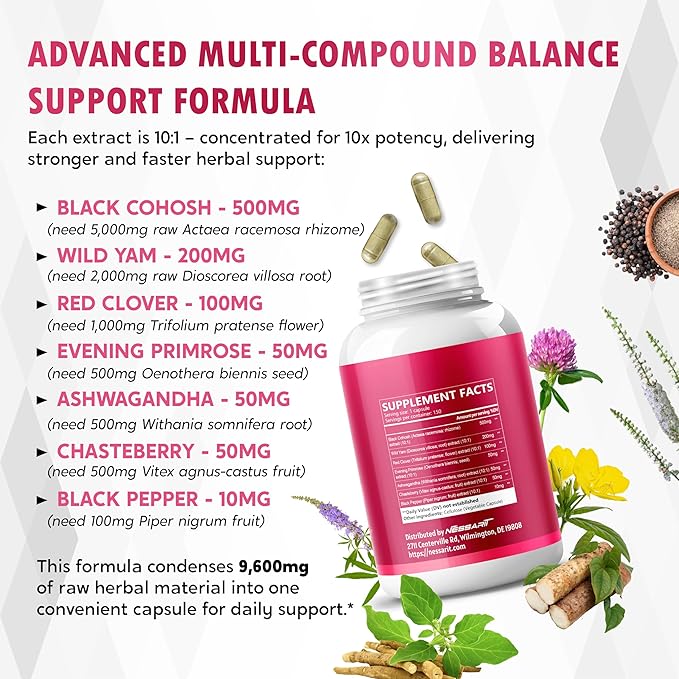 Black Cohosh 9,600mg* – Hormonal Balance Support with Wild Yam, Red Clover, Ashwagandha, Chasteberry & More – 150 Capsules – Made & Lab Tested in USA