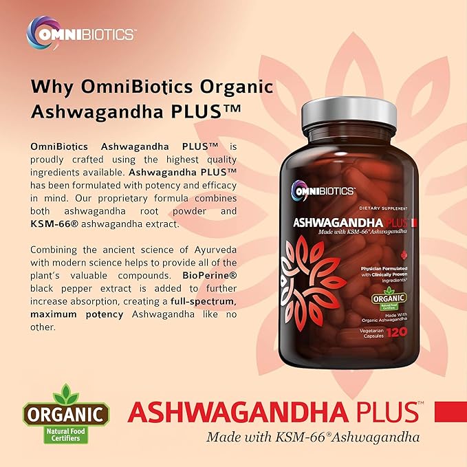 OmniBiotics Organic Ashwagandha Supplement – 1300mg Total Strength – 900mg Organic Root Powder & 400mg KSM-66 Extract – Stress Relief, Mood & Sleep Support – Non-GMO – 120 Vegan Capsules