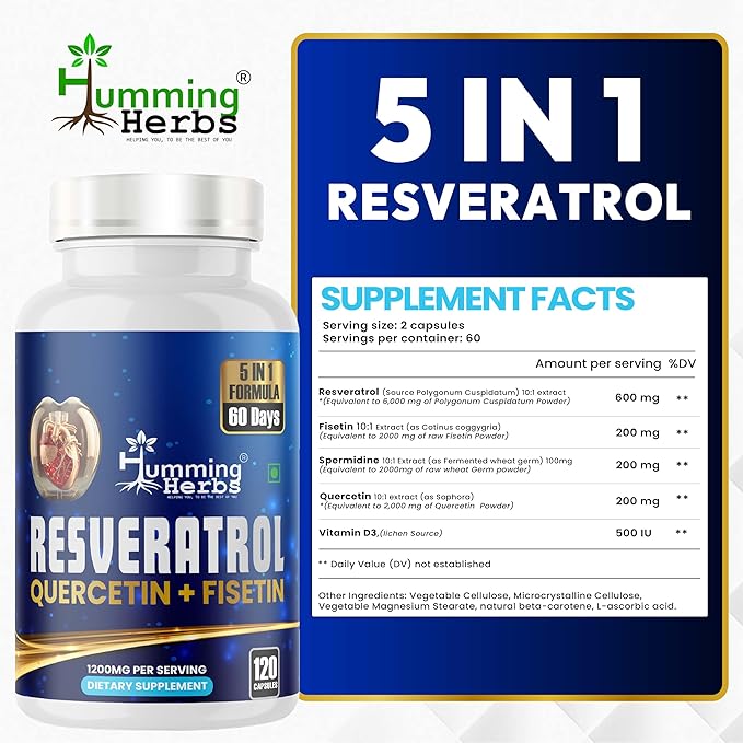 Resveratrol Supplement 1200mg – 5-in-1 Formula with Quercetin, Fisetin, Spermidine & Vitamin D3 – Cardiovascular & Wellness Support – 120 Capsules