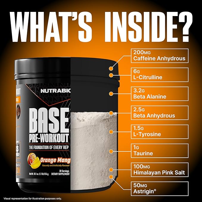 NutraBio Base Pre-Workout Powder 200mg Caffeine, Sustained Energy, Focus, Endurance, Pump, Sugar Free, Clean Preworkout for Men and Women - Beta Alanine, L-Tyrosine, 30 Servings - Orange Mango
