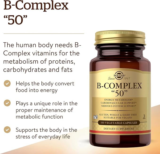 Solgar B-Complex “50”, 100 Vegetable Capsules - Energy Metabolism, Cardiovascular Support, Nervous System Support - Non-GMO, Vegan, Gluten Free, Dairy Free, Kosher - 100 Servings