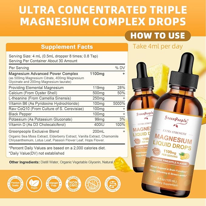 17-in-1 Triple Magnesium Complex Supplement,Magnesio Liquid Drops with Magnesium Glycinate & Citrate,Pineapple Flavor,Calm Mood,Muscle & Sleep for Adults,4 fl. oz 2Pack
