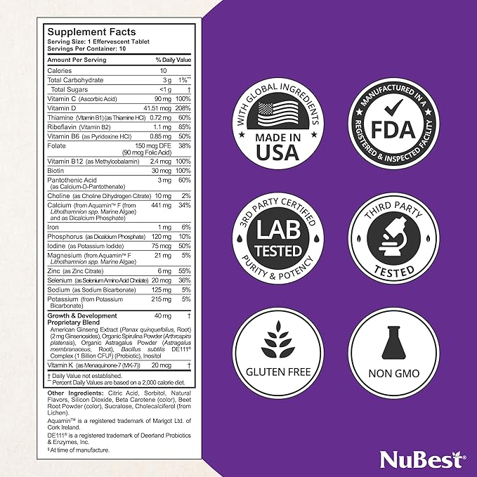 NuBest Tall Fizzy - Bone Strength, Immunity, Digestive Health for Kids Age 4+ & Teens | Probiotic, Calcium, Magnesium from Red Marine Algae, Vitamins | 10 Orange Effervescent Tablets | 2 Weeks Supply