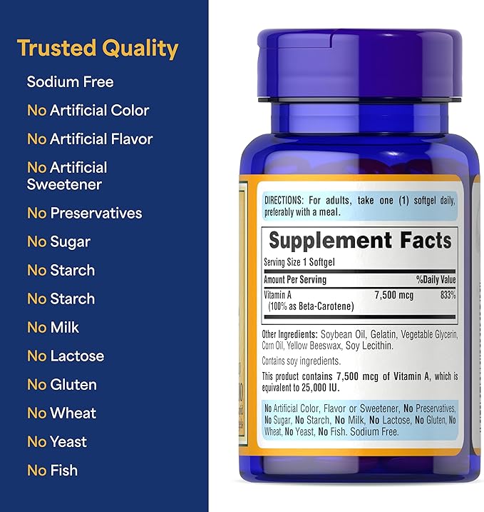 Puritan's Pride Beta Carotene Provitamin A 7,500mcg (25,000 IU), Vitamin Supplement for Immune System, Antioxidant and Eye Health Support, 100 Day Supply, 100 Rapid Release Softgels