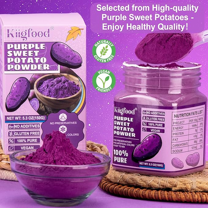 Purple Sweet Potato Powder - Kiigfood 5.3 oz/150g Pure Natural Premium Purple Food Coloring Powder for Smoothies, Baking, Juices, Pasta - Gluten-Free, No Additives, Vegan, Non-GMO