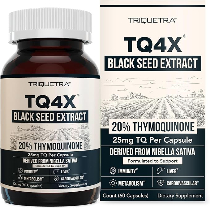 20% Thymoquinone Black Seed Oil Extract Capsules - TQ-Advanced 4X®: Potent Thymoquinone Concentration Available Concentrate from Nigella Sativa, Raw Form, Vegan, Glass Bottle (25 mg - 60 Capsules)