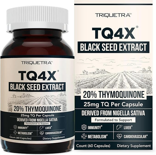 20% Thymoquinone Black Seed Oil Extract Capsules - TQ-Advanced 4X®: Potent Thymoquinone Concentration Available Concentrate from Nigella Sativa, Raw Form, Vegan, Glass Bottle (25 mg - 60 Capsules)