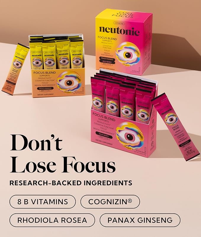 Neutonic Nootropic Focus Blend Powder | Peach Mango & Wild Berry 32 Sticks | Caffeine Free, Zero Sugar | Support Memory, Mental Clarity, Cognitive Function | Boost Focus, Energy, Brain Health