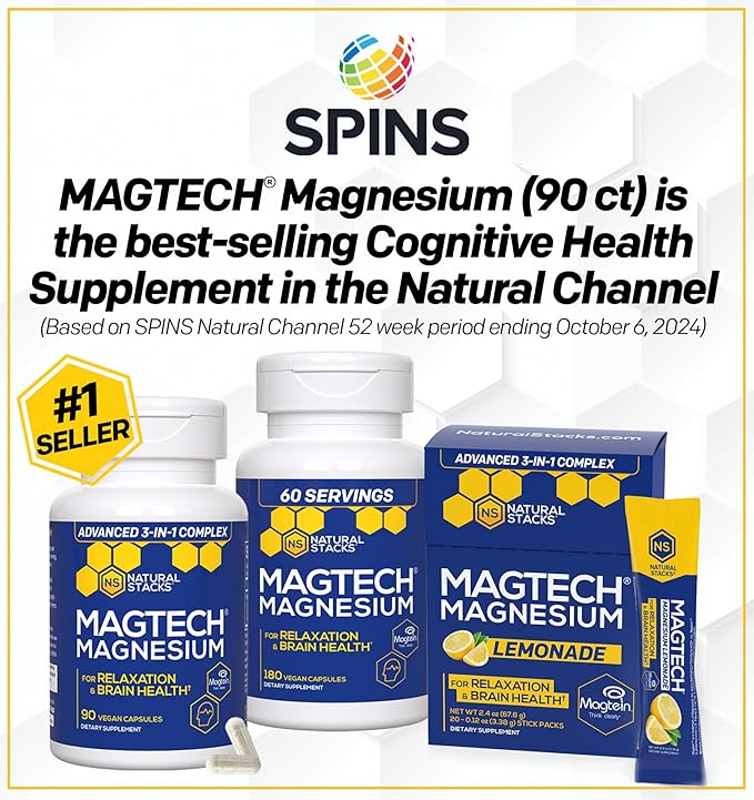 NATURAL STACKS Dopamine Brain Food + Magtech Magnesium Supplement Bundle - Supports Focus, Relaxation & Memory* - 240 Total Capsules