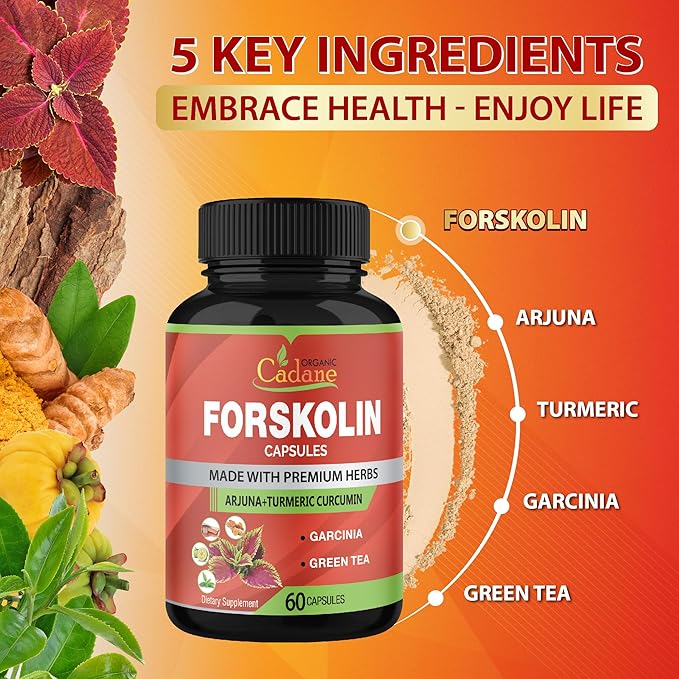 Organic Cadane 2 Packs Forskolin Supplements Capsules & Turmeric, Arjuna, Garcinia Cambogia, Green Tea - Maximum Strength Coleus Forskohlii Extract - Support Energy Production & Immune System
