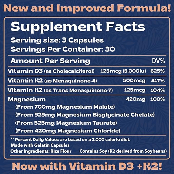 4-in-1 Magnesium Complex 420mg with Vitamin D3 K2 - Premium Magnesium Supplement with Magnesium Malate, Bisglycinate (Glycinate), Taurate, and Chloride - 90 Capsules Made in The USA