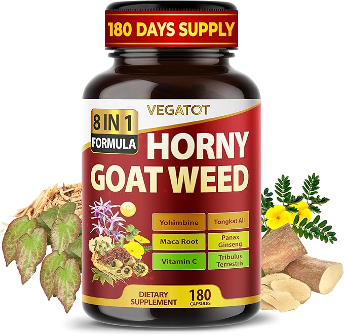 Horny Goat Weed 600 mg with Yohimbine, Tongkat Ali, Maca, Tribulus & Panax Ginseng – 8-in-1 Strength & Vitality Support – 180 Capsules – Vegatot – Gluten-Free, Lab Verified