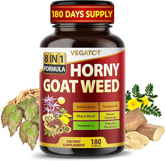 Horny Goat Weed 600 mg with Yohimbine, Tongkat Ali, Maca, Tribulus & Panax Ginseng – 8-in-1 Strength & Vitality Support – 180 Capsules – Vegatot – Gluten-Free, Lab Verified