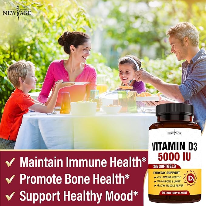 NEW AGE Vitamin D3 5000 IU 125mcg Softgels - Support Immune Support, Strong Bone Health - Non-GMO, Gluten-Free, Dairy-Free,1 Year Supply (360 Softgels (Pack of 1))