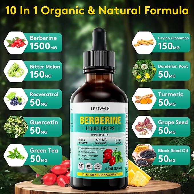 4 FL Oz Organic Berberine Liquid Drops, Premium Berberine Supplement Liquid with Ceylon Cinnamon, Bitter Melon, Sugar-Free & Vegan Supplement, 98% Absorption,120ML
