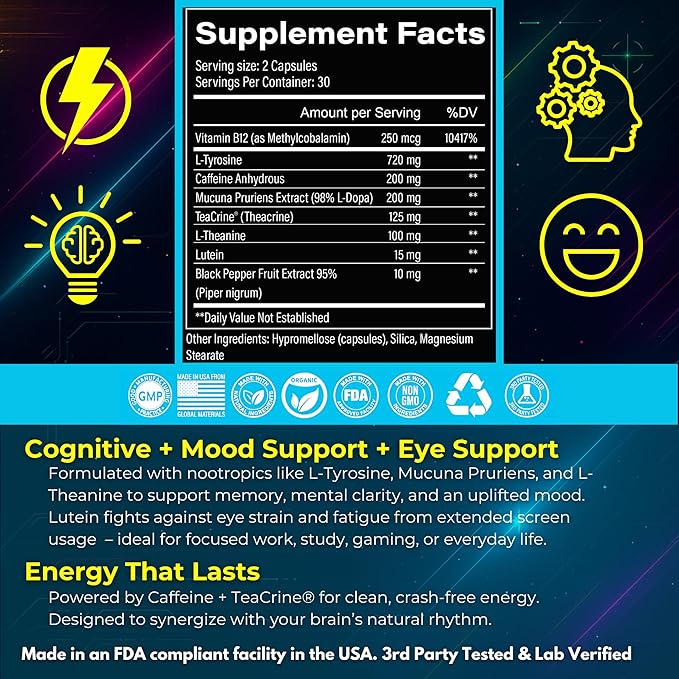 Space Dust Brain Supplement – Focus, Energy & Mood Support – 8-in-1 Nootropic for Brain Fog & Reaction Time – with TeaCrine, L-Theanine, L-Tyrosine, Mucuna – Gamer & Professional Formula