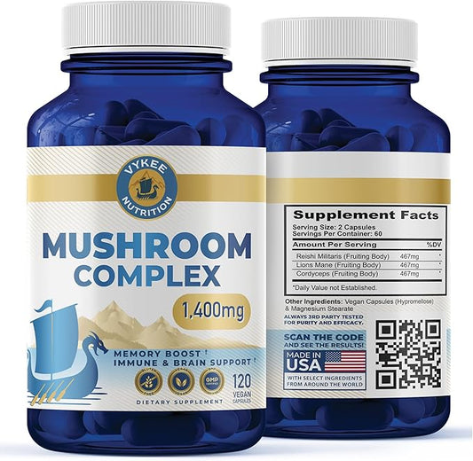 Mushroom Blend – Reishi, Lion’s Mane & Cordyceps | Supports Brain Health, Immune Function & Energy | Ideal for Mental Clarity, Endurance & Vitality | 120 Capsules