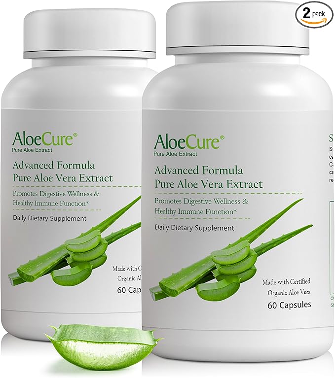 AloeCure Organic Aloe Vera Capsules, 160,000mg Inner Aloe Leaf Equivalent per Serving, Support Gut, Digestive, & Immune Health, Helps Maintain Balanced Stomach Acidity, Aloin Free, 60Caps x 2Btl