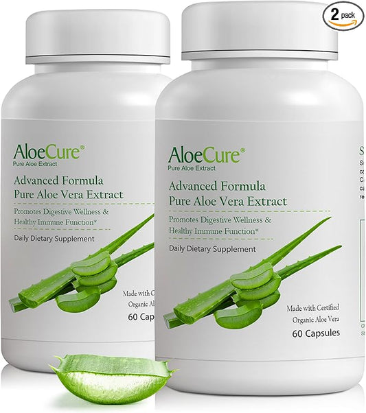 AloeCure Organic Aloe Vera Capsules, 160,000mg Inner Aloe Leaf Equivalent per Serving, Support Gut, Digestive, & Immune Health, Helps Maintain Balanced Stomach Acidity, Aloin Free, 60Caps x 2Btl