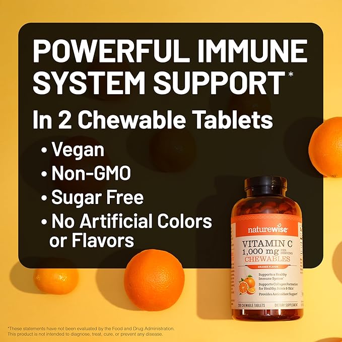 NatureWise Extra Strength Vitamin C Chewable 1000mg for Adults - Natural Orange Flavor - Immune System & Antioxidant Support - Non-GMO, Vegan & Sugar Free - 90 Chewable Tablets[45-Day Supply]