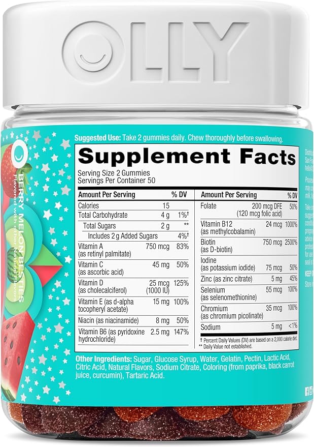 OLLY Teen Girl Multi Gummy, Healthy Skin and Immune Support*, Essential Vitamins, Biotin, Zinc, Chewable Multivitamin, Strawberry Melon Flavored, 50 Day Supply - 100 Count