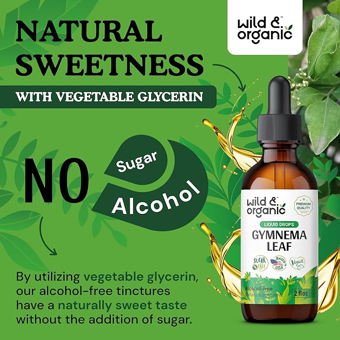 Wild & Organic Gymnema Sylvestre Extract Drops - Sugar-Free Gymnema Supplement for Overall Support - Gurmar Leaf Extract Tincture - Vegan, Alcohol-Free Liquid Drops - 2 fl oz