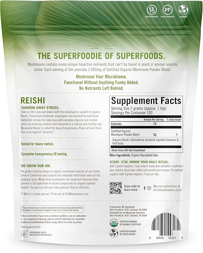 Om Mushroom Superfood Reishi Organic Mushroom Powder, 100 Servings, Organic Adaptogen Powder for Stress Relief and Immune Health