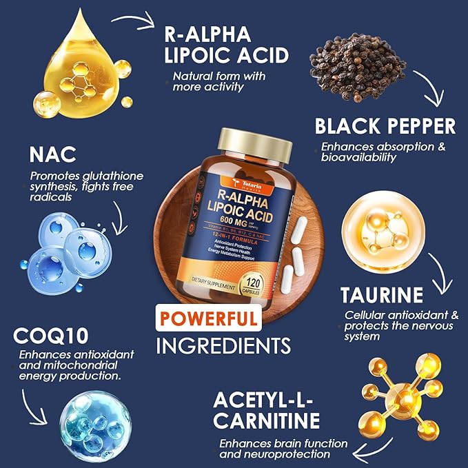 R Alpha Lipoic Acid 600mg - ALA Supplement for Neuropathy & Antioxidant Support Capsules, Nerve Health, Cell Energy, Metabolism and Anti-Aging, Non-GMO, Gluten Free, Vegan Safe 120 Counts