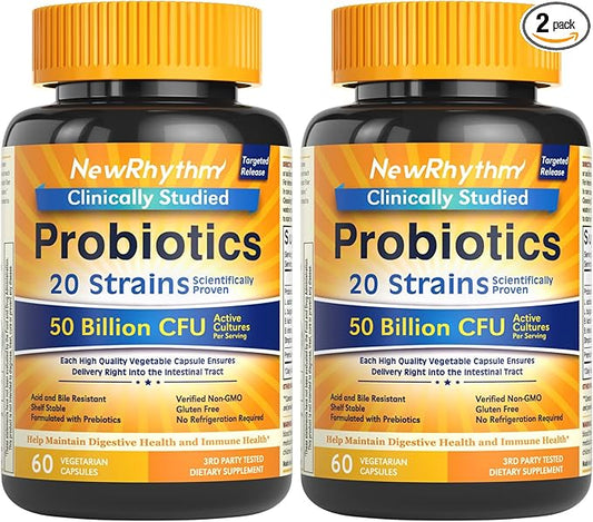 NewRhythm Probiotics 50 Billion CFU 20 Strains, 120 Veggie Capsules, Targeted Release Technology, Stomach Acid Resistant, No Need for Refrigeration, Non-GMO, Gluten Free