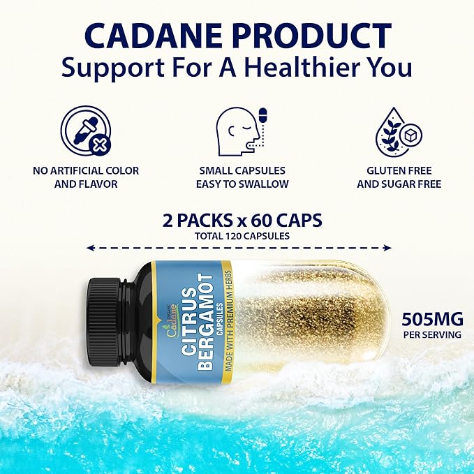 Organic Cadane 2 Packs Citrus Bergamot Extract Capsules with Berberine, Olive, Guggul, Garlic, Pine Bark, Black Pepper | 4 Months Supply