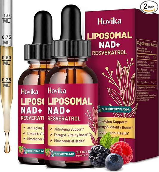 2 Pack Liposomal NAD Supplement - 1200mg NAD+ Liquid Drops for Women & Men with Resveratrol, Black Pepper Extract - Support Anti-Aging, Brain & Cellular Mitochondrial Health - Mixed Berry Flavor