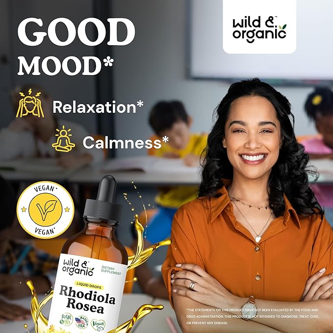 Wild & Organic Rhodiola Rosea Tincture - Rhodiola Rosea Supplement for Mood Support - Relaxing Root Extract Liquid Drops - Vegan, Sugar & Alcohol-Free - 4 fl oz