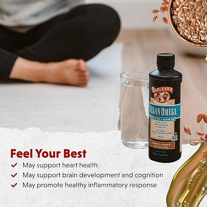 Barlean's Vegan Omega Liquid Flax and Algae Oil Plant Based EPA DHA Supplement from Algal Oil and Organic Flaxseed, Omegas 3 6 and 9 Fatty Acid Supplements, 16 Ounces