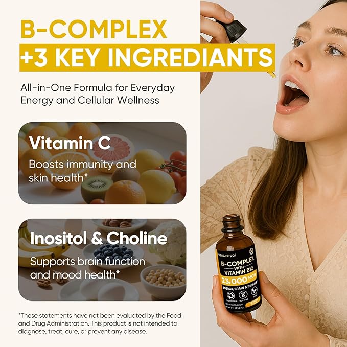 Venture Pal 11-in-1 Vitamin B Complex Liquid Drops, B12 Methylcobalamin | B9 Folic | B1,B2,B3,B5,B6,B7 - Vitamin C, Choline, Inositol, Immune & Energy Metabolism, Brain & Heart Support