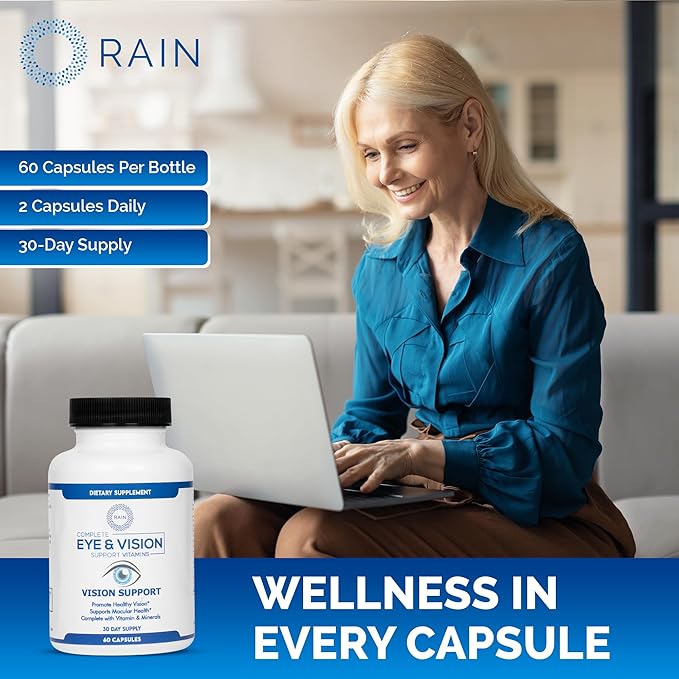 Rain Eye Vitamins & Vision Supplements for Adults – Eye Comfort and Vision Support – Lutein and Zeaxanthin Eye Supplements for Macular Health – 60 Veggie Capsules