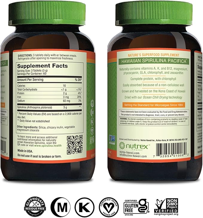 Nutrex Hawaii, Pure Hawaiian Spirulina - 1000 mg Tablets - Hawaiian Grown Natural, Nutrient Rich Superfood - Immune Support, Detox & Energy – Vegan Complete Protein, Non-GMO, Original, 180 Count