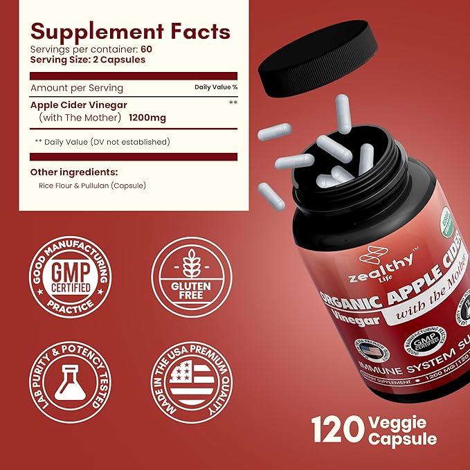 Organic Apple Cider Vinegar with The Mother – 1200mg Capsules for Optimal Wellness, Gluten-Free, Non-GMO, 120 Veggie Capsules – Zealthy Life