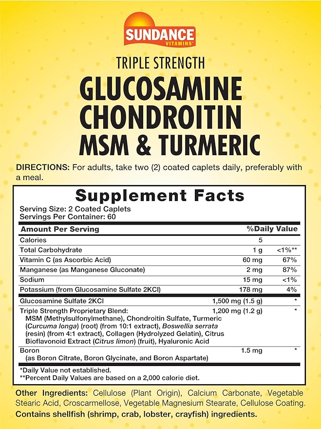 Sundance Glucosamine Chondroitin with MSM and Turmeric | 120 Caplets | Triple Strength Formula | Non-GMO & Gluten Free Supplement