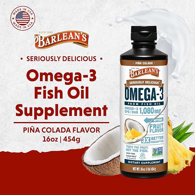 Barlean's Omega 3 Fish Oil Liquid Supplement with Vitamin D for Men and Women, Pina Colada, 1080mg EPA and DHA Fatty Acid, 16 oz