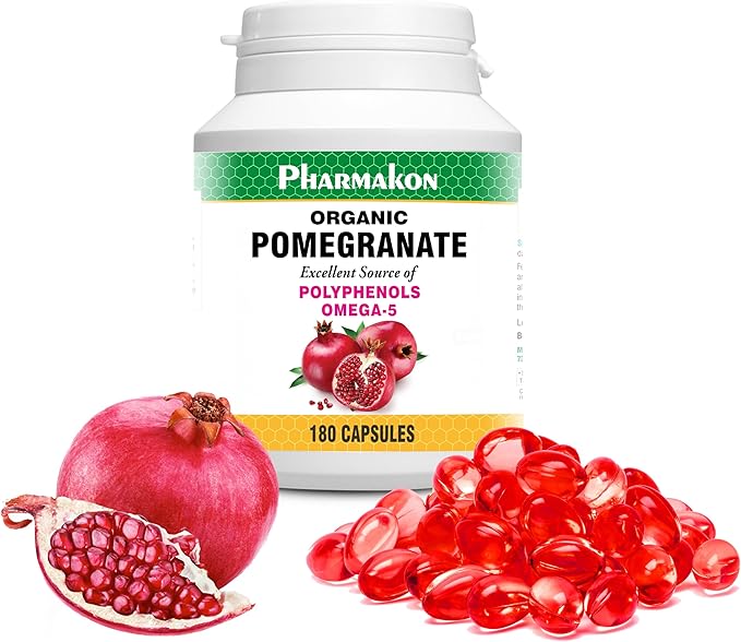 PHARMAKON Organic Pomegranate Extract, Highly Bioavailable Softgels, Full Spectrum Contains Polyphenols + Omega 5 (180 Count)