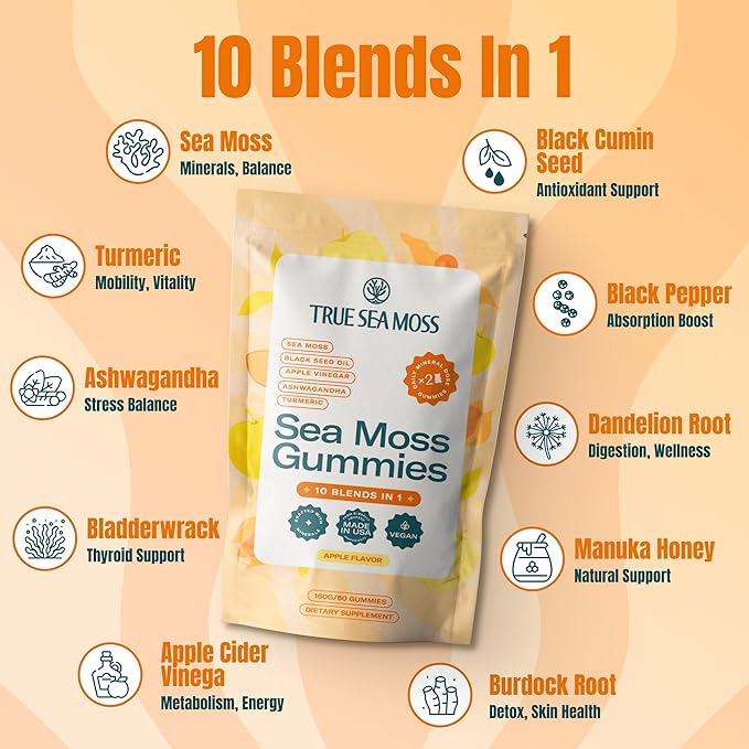 Sea Moss & Apple Cider Vinegar Gummies – 10-in-1 Herbal Blend with Black Seed Oil, Ashwagandha, Turmeric, Bladderwrack, Burdock Root & Dandelion – Vegan, USA Made, Natural Apple Flavor – 60 ct