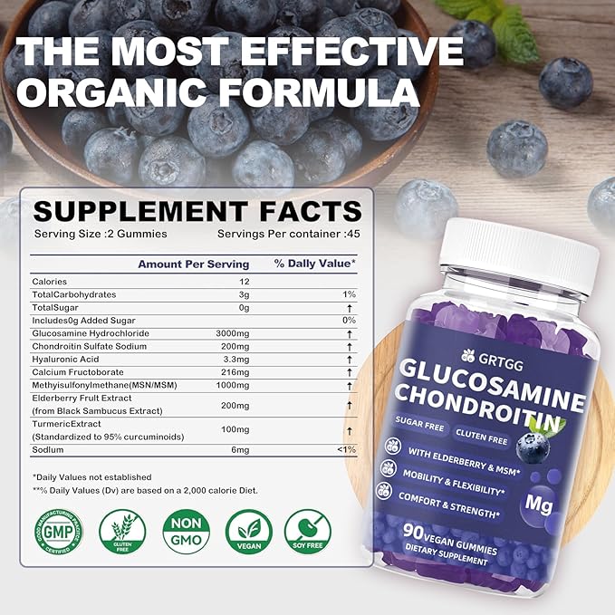 Glucosamine Chondroitin Gummies with MSM & Elderberry Extra Strength 3000MG - Joint Support, Antioxidant Immune Support Supplement for Adults, Men & Women - 90 Blueberry Gummies