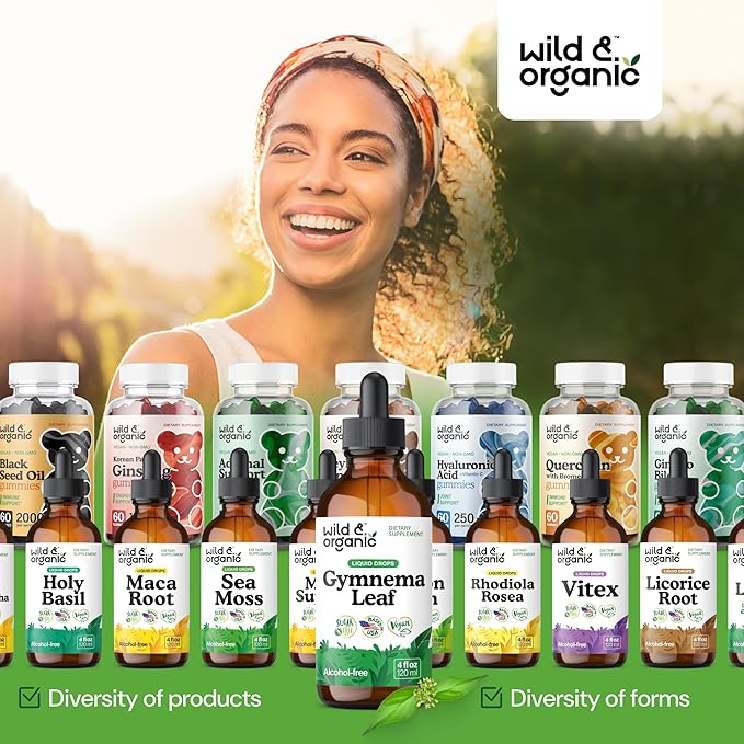 Wild & Organic Gymnema Sylvestre Extract Drops - Sugar-Free Gymnema Sylvestre Supplements - Gurmar Powder Based Tincture - Vegan, Alcohol-Free Leaf Liquid Drops - 4 fl oz