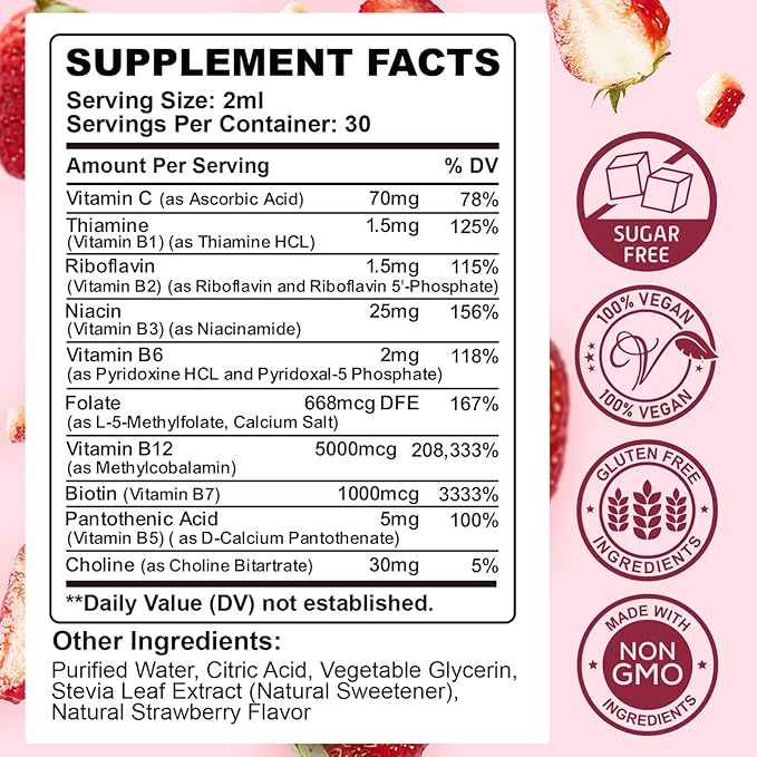 Vitamin B Complex Liquid Drops, B Vitamins Complex Supplement with B1, B2, B3, B5 B6, B7, B9 & Methyl B12 Drops for Adults & Kids, Vegan, Strawberry Flavor