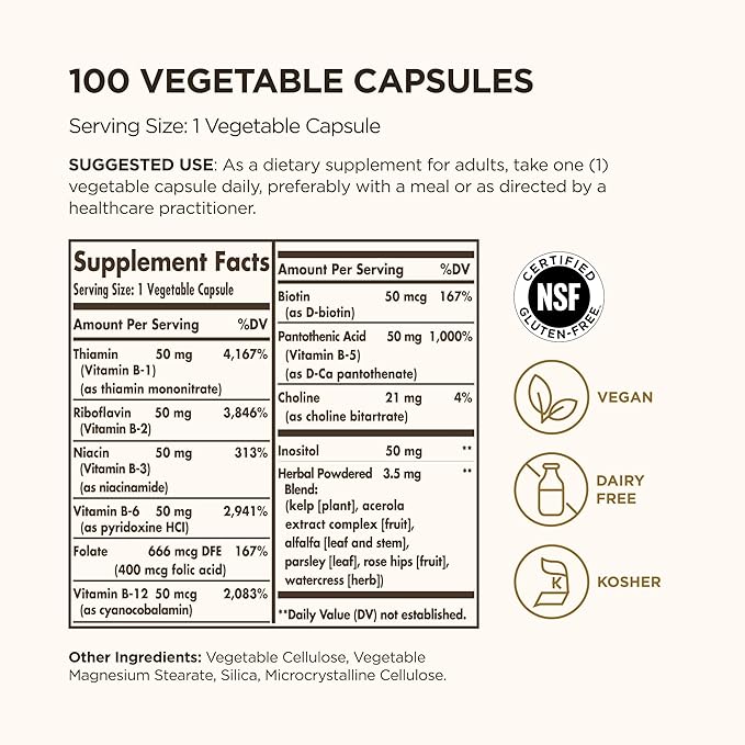 Solgar B-Complex “50”, 100 Vegetable Capsules - Energy Metabolism, Cardiovascular Support, Nervous System Support - Non-GMO, Vegan, Gluten Free, Dairy Free, Kosher - 100 Servings