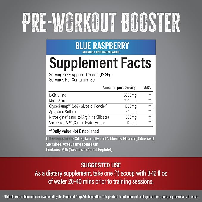 Vigor - Stimulant-Free Nitric Oxide Pre-Workout Powder | L-Citrulline (5000mg), Malic Acid (2000mg), GlycerPump (1500mg)| Blue Raspberry| 30 Servings, 13.86g Each | Made in The USA