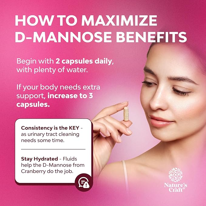 D Mannose with Cranberry Supplement - Potent D Mannose 1000mg Capsules for Kidney Defense Support & Cleanse and Urinary Tract Health for Women & Men - Bladder Health Supplement for Adults - 60 Count