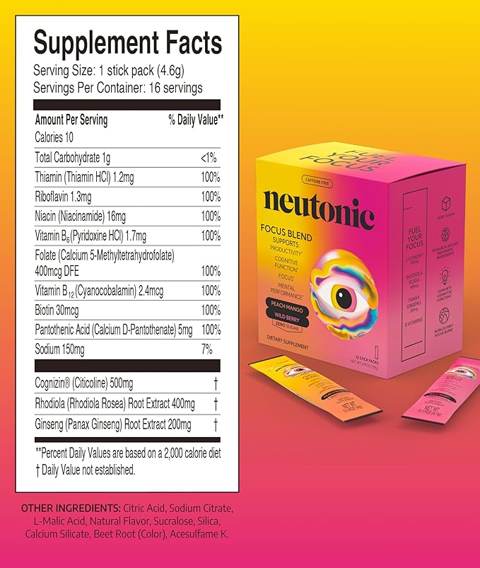 Neutonic Nootropic Focus Blend Powder | Peach Mango & Wild Berry 32 Sticks | Caffeine Free, Zero Sugar | Support Memory, Mental Clarity, Cognitive Function | Boost Focus, Energy, Brain Health